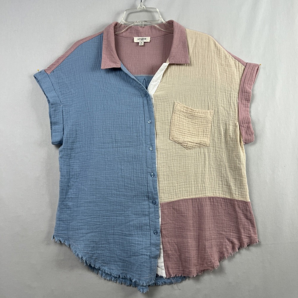 Umgee Blouse Womens Medium Button Up Top Colorblock Gauze Beach Coastal Casual